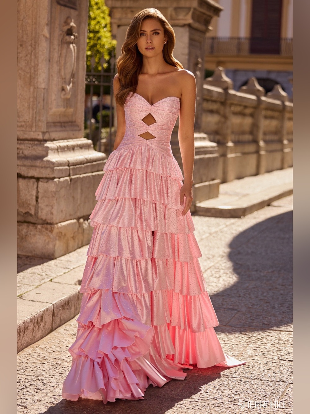 Sherri Hill 57416 Strapless Pink Tiered Ruffle Maxi Dress with Shimmer Size 2